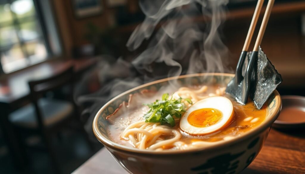 A steaming bowl of authentic ramen, the broth a rich, savory blend of umami flavors. Springy noodles nestled among tender slices of pork, soft-boiled egg, and vibrant garnishes of scallions, nori, and sesame seeds. The scene is illuminated by warm, natural lighting, casting a cozy, inviting atmosphere. A lens with a shallow depth of field brings the foreground elements into sharp focus, while the background gently fades into a blurred, atmospheric setting, suggesting a traditional Asian eatery.
