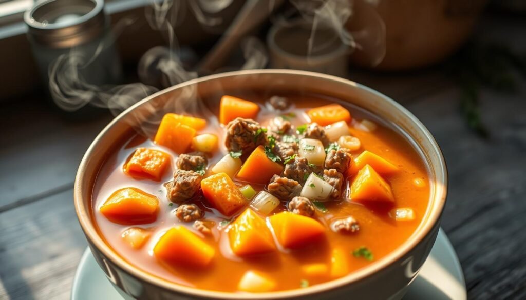 A steaming bowl of classic ground beef vegetable soup takes center stage, illuminated by soft natural lighting and captured from a low angle. The soup's rich, savory broth is teeming with tender chunks of ground beef, vibrant carrots, celery, onions, and a medley of fresh herbs. Wisps of steam drift up, hinting at the comforting warmth and depth of flavor. The composition highlights the soup's rustic, homemade appeal, inviting the viewer to imagine its satisfying texture and aroma. Delicate shadows and a slightly blurred background create a cozy, intimate atmosphere, emphasizing the soup as the focal point.