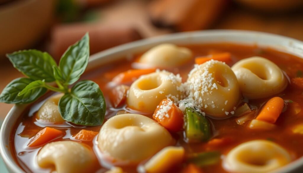 A steaming bowl of classic tortellini soup, the pasta pouches plump and glistening in a rich, aromatic broth. In the foreground, a sprig of fresh basil and a sprinkle of grated Parmesan cheese add vibrant flavor and texture. The middle ground features tender carrots, celery, and onions, their colors popping against the deep burgundy hue of the broth. The background is softly blurred, hinting at a cozy, inviting kitchen setting with warm, diffused lighting casting a gentle glow over the scene. This comforting, homemade dish evokes feelings of nostalgia and the welcoming aroma of a family-style meal.