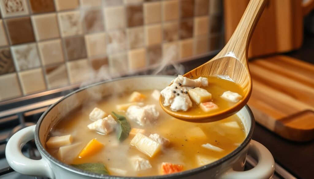 A steaming bowl of classic turkey soup, rich with tender chunks of roast turkey, fragrant vegetables, and savory broth. The soup simmers on the stove, its aroma filling the kitchen with comforting notes of thyme, bay leaf, and black pepper. In the foreground, a wooden ladle dips into the soup, revealing its deep golden hue and inviting texture. The background is a cozy, rustic scene, with a vintage-inspired tile backsplash and a wooden cutting board nearby, hinting at the preparation process. Warm, soft lighting from above casts a gentle glow, creating a welcoming, homey atmosphere.
