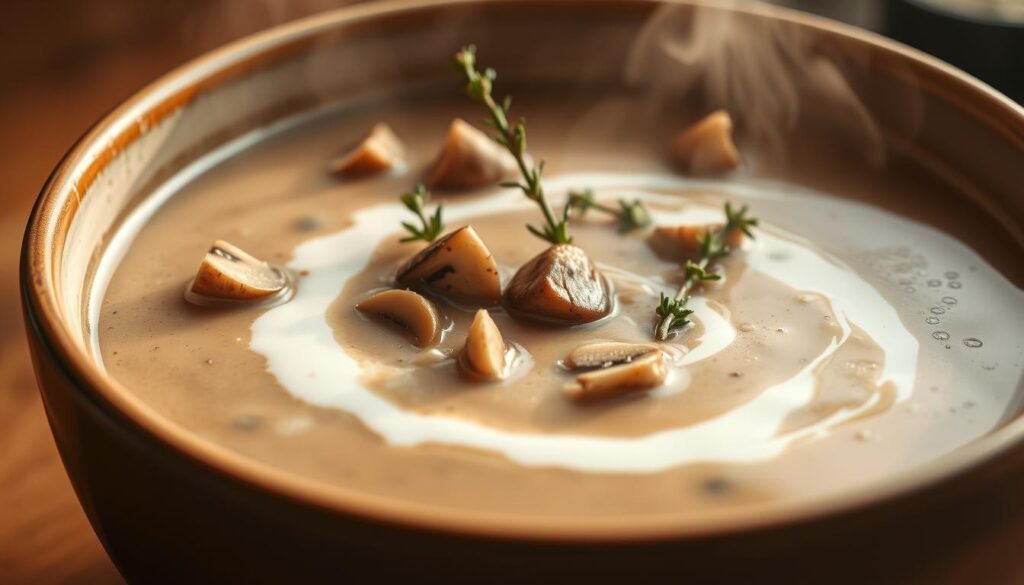 A steaming bowl of creamy, rich mushroom soup, the surface glistening with a swirl of crème fraîche. Diced mushrooms, their earthy aroma wafting, float atop the velvety broth. Sprigs of fresh thyme and a drizzle of truffle oil add depth and complexity. The scene is bathed in warm, golden light, captured through a soft-focus lens. A simple, elegant dish that comes together quickly, perfect for busy weeknights. Minimalist and inviting, this image embodies the essence of "Time-Saving Tips for Busy Cooks".