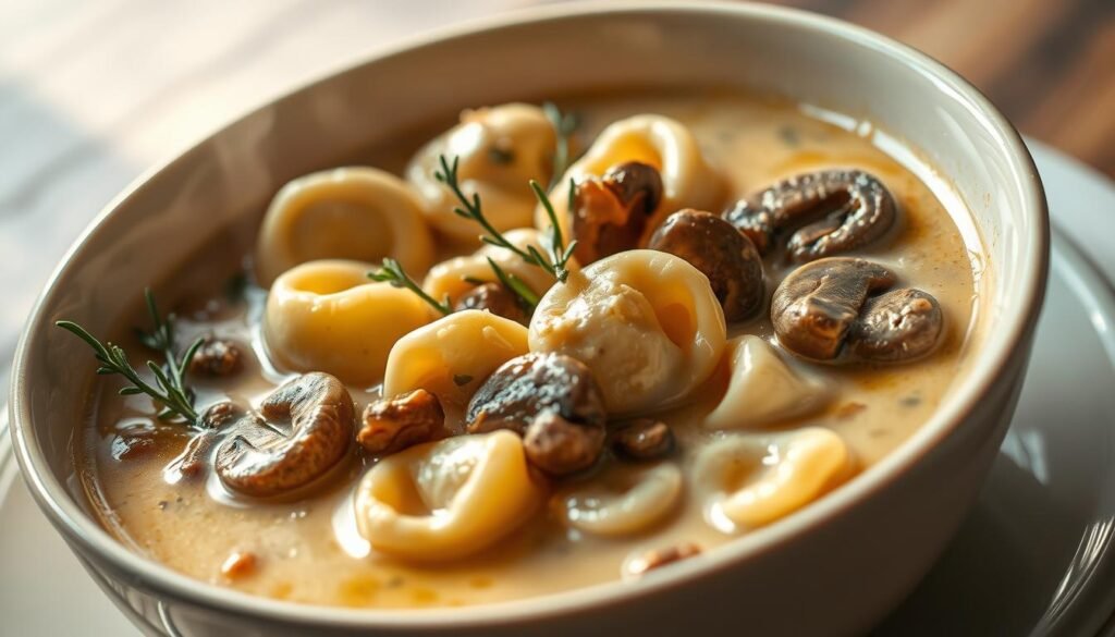 A steaming bowl of creamy tortellini mushroom soup, its surface glistening with a light sheen of richness. Plump tortellini pasta filled with a savory cheese blend nestled among earthy, sautéed mushrooms in a silky, velvety broth. Garnished with sprigs of fresh thyme and a drizzle of high-quality olive oil, casting a warm, cozy glow under soft, diffused lighting. Captured at a slight angle to highlight the dish's comforting, homemade appeal, with a focus on the enticing textures and flavors that invite the viewer to dive in.