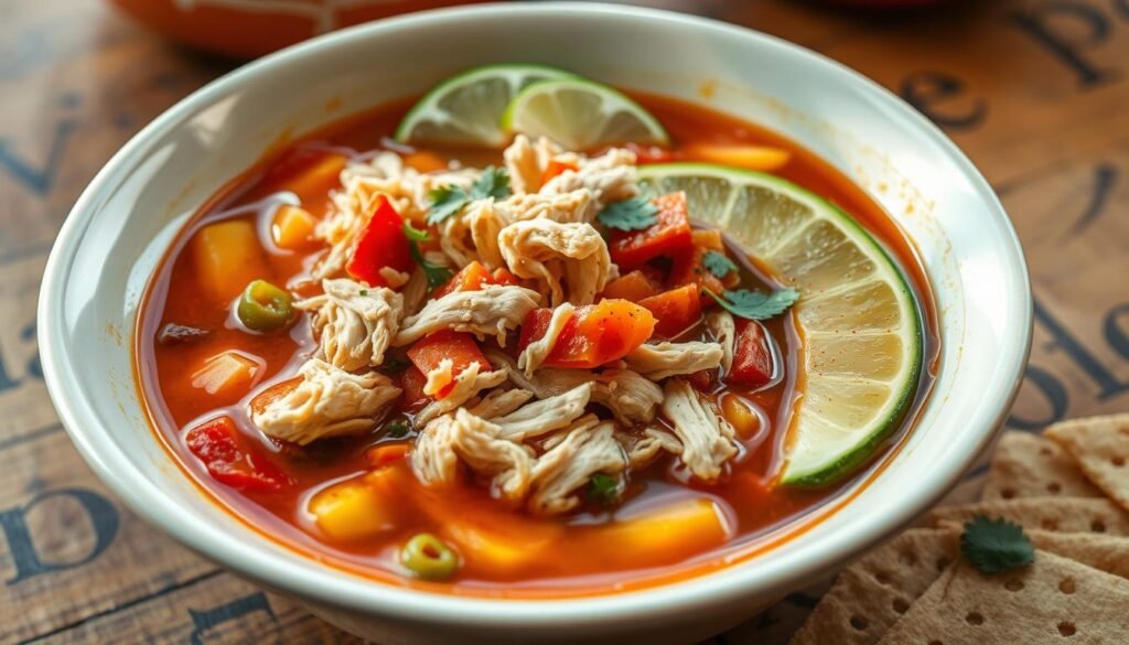 A steaming bowl of hearty Mexican turkey soup, filled with shredded turkey, vibrant vegetables, and a blend of spices. The savory broth is accented by the crunch of tortilla strips, the creaminess of avocado, and the tangy pop of lime. Warm lighting casts a cozy glow, inviting the viewer to dive into this comforting and flavorful dish. In the background, a rustic wooden table sets the scene, hinting at the homemade nature of this delightful twist on traditional turkey soup.