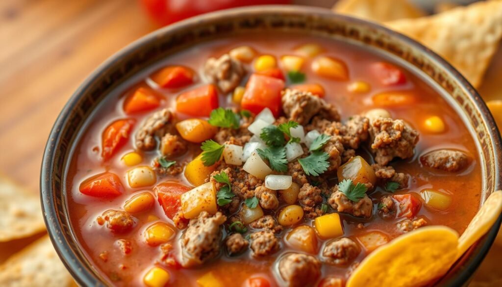 A steaming bowl of hearty taco ground beef soup, with a rich, flavorful broth and chunks of tender ground beef. In the foreground, diced tomatoes, bell peppers, and onions add vibrant color and texture. Sprinkled with a blend of Mexican spices, including cumin, chili powder, and oregano. The middle ground features a creamy base of refried beans and corn kernels, while the background showcases a backdrop of warm, earthy tones, evoking the rustic charm of a Tex-Mex kitchen. Soft, pillowy corn tortilla chips provide the perfect crunchy accompaniment. Soft, even lighting illuminates the scene, creating an inviting and appetizing atmosphere.
