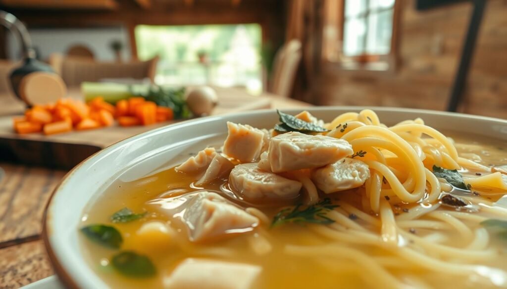 A steaming bowl of homemade chicken noodle soup, the classic comfort food. In the foreground, tender pieces of chicken and long, slender noodles swim in a clear, golden broth infused with the aroma of fresh thyme, bay leaves, and cracked black pepper. The middle ground features a cutting board with diced carrots, celery, and onions, the building blocks of this hearty soup. In the background, a warm, rustic kitchen scene with a worn wooden table, a bright window, and natural light filtering in, creating a cozy, inviting atmosphere. The lighting is soft and diffused, enhancing the homemade, homey feel of the scene. Captured with a shallow depth of field, emphasizing the delicious, soothing details of this classic chicken noodle soup recipe.