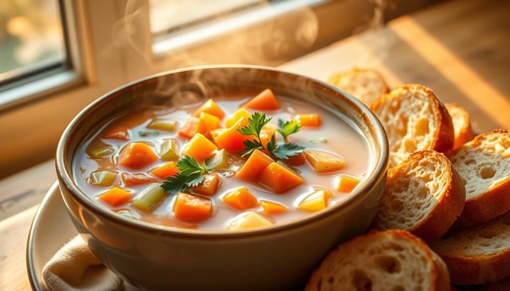 A steaming bowl of homemade vegetable soup, with vibrant carrots, tender celery, and fragrant onions floating in a savory broth. The soup is garnished with a sprinkle of fresh parsley, adding a pop of color and a hint of herbal notes. Soft, crusty bread slices are arranged alongside, ready to be dipped into the flavorful liquid. Warm, golden sunlight filters through a window, casting a cozy glow over the scene. The overall atmosphere is one of simplicity, comfort, and the satisfaction of a nourishing, quick meal.
