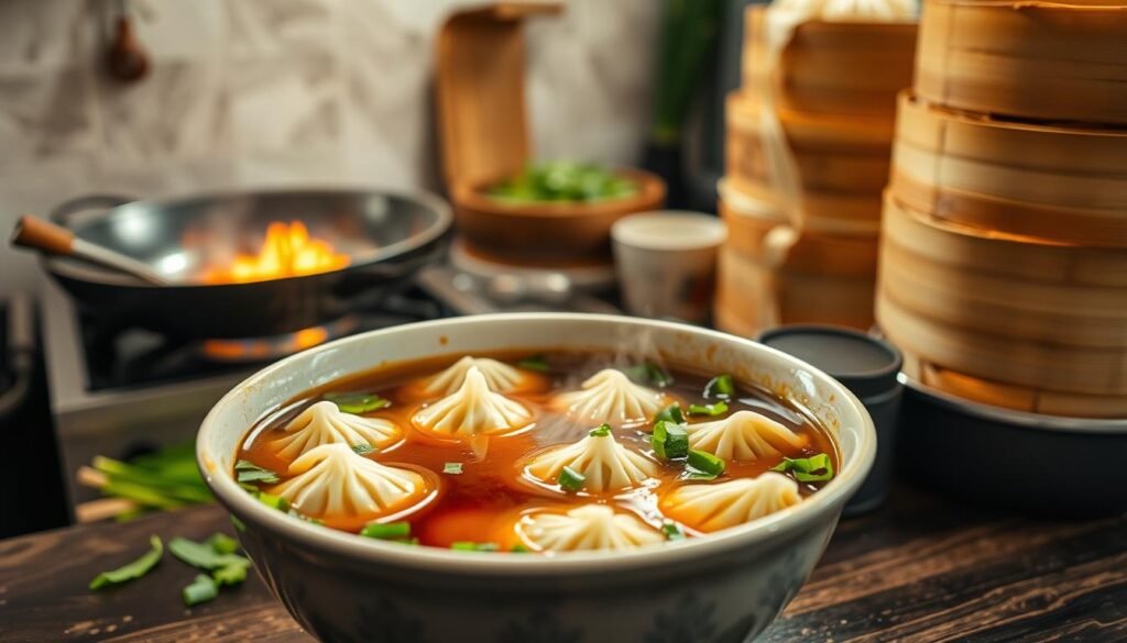 A steaming bowl of homemade wonton soup takes center stage, filled with plump, handcrafted dumplings swimming in a rich, aromatic broth. The savory scent of simmering ginger, garlic, and soy sauce permeates the air, complemented by the vibrant green of fresh scallions and cilantro. In the background, a traditional Chinese kitchen unfolds, with a wok sizzling on the stove and bamboo steamers stacked high, ready to prepare the delicate wontons. Soft, diffused lighting creates a warm, inviting atmosphere, drawing the viewer in to experience the comforting flavors and authentic preparation techniques of this classic Asian soup.