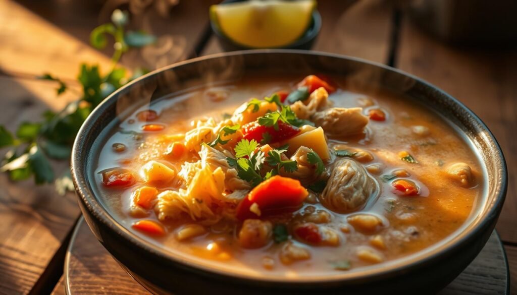 A steaming bowl of slow-cooked Mexican chicken soup, simmered with aromatic spices, tender shredded chicken, and a medley of colorful vegetables. The scene is bathed in warm, golden light, casting a comforting glow over the dish. In the background, a rustic wooden table sets the stage, with a few fresh herbs and a wedge of lime adding a touch of freshness. The soup's rich, creamy broth is topped with a sprinkle of chopped cilantro, inviting the viewer to dig in and savor the flavors of this homemade, nourishing delight.