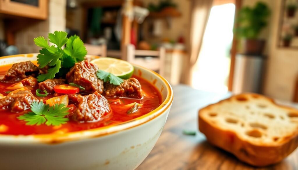 A steaming bowl of spicy beef soup, the rich broth infused with aromatic spices, chili peppers, and tender chunks of juicy beef. In the foreground, a close-up view showcases the vibrant red hues of the soup, garnished with fresh cilantro, sliced green onions, and a squeeze of lime. The middle ground reveals a rustic wooden table, with a crusty slice of bread ready to soak up the flavorful broth. In the background, a softly focused scene of a cozy kitchen, with a hint of sunlight streaming through a window, creating a warm and inviting atmosphere. The overall image conveys a sense of comfort and creativity, perfectly capturing the essence of a "Creative Twist on Beef Soup Recipes."