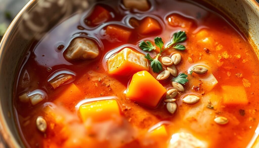 A steaming bowl of spicy turkey soup, its surface glistening with a sheen of chili oil. Chunks of tender turkey meat, bright carrots, and aromatic onions float in a rich, savory broth infused with fragrant spices. The scene is captured in a warm, moody light, casting soft shadows and highlighting the soup's inviting texture. The composition is centered, drawing the viewer's attention to the enticing dish. Crisp herbs and a sprinkle of toasted pumpkin seeds add a final touch of color and crunch. The overall atmosphere evokes a cozy, comforting kitchen, ready to transform leftover turkey into a delightful and satisfying spicy soup.