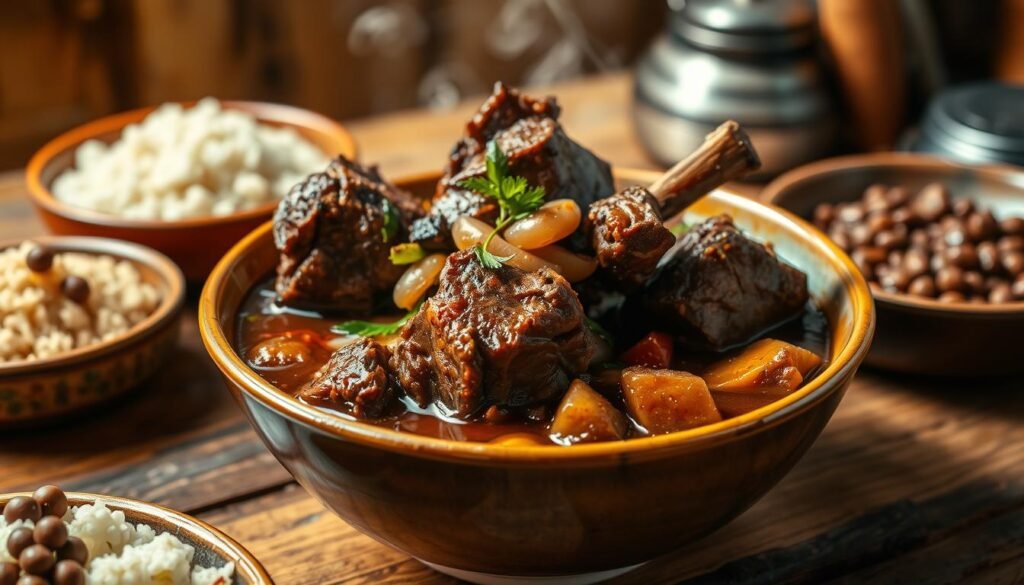A steaming bowl of traditional Trinidadian brown stew oxtail, showcased in a warm, rustic kitchen setting. Tender oxtail pieces simmered in a rich, savory broth infused with caribbean spices, onions, garlic, and herbs. The dish is presented on a wooden table, accompanied by aromatic side dishes like rice and pigeon peas. Soft, diffused lighting illuminates the scene, creating a cozy and inviting atmosphere. The composition emphasizes the hearty, comforting nature of this quintessential Caribbean dish, enticing the viewer to imagine the mouthwatering flavors and textures.