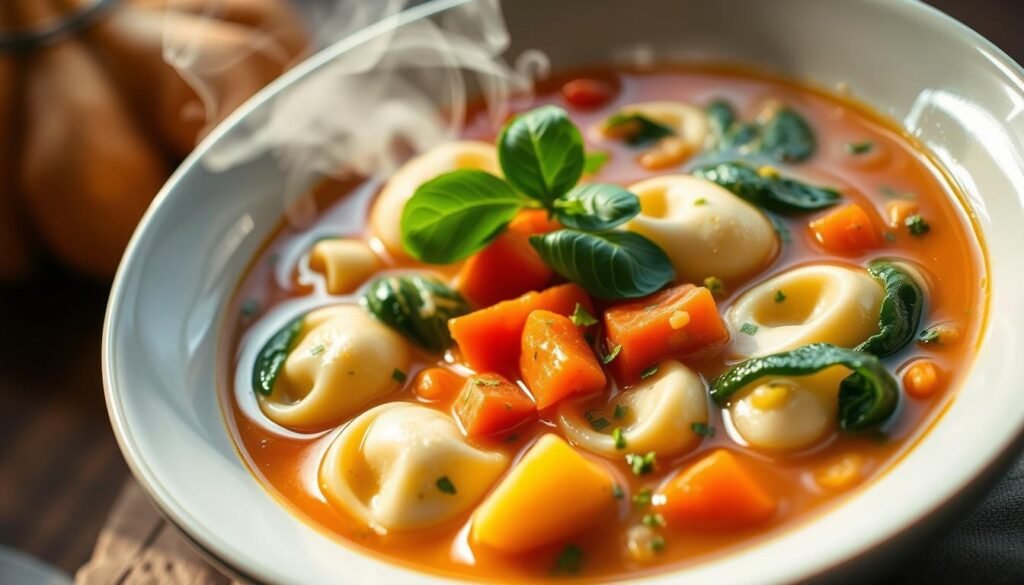 A steaming bowl of vegetable tortellini soup, the pasta pockets filled with a medley of sautéed onions, carrots, and spinach. Garnished with freshly chopped basil and a drizzle of olive oil, the soup has a vibrant, earthy aroma. The lighting is soft and diffused, casting a warm glow on the scene. The camera angle is slightly elevated, capturing the soup's texture and the delicate swirls of broth. The overall mood is comforting and inviting, with a focus on the nourishing, vegetarian-friendly nature of this tortellini soup recipe.