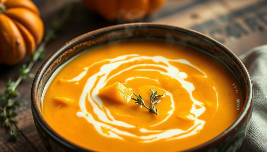 A steaming bowl of vibrant Caribbean pumpkin soup, the vivid orange hue accented by swirls of creamy coconut milk. Tender pumpkin chunks mingle with aromatic spices like ginger, cumin, and turmeric, creating a rich, comforting aroma. The soup is set against a rustic, wooden backdrop, with a few sprigs of fresh thyme adding a touch of verdant contrast. Soft, diffused lighting casts a warm, cozy glow, reflecting off the smooth, glossy surface of the soup. The composition is framed from a slightly elevated angle, capturing the depth and texture of this nourishing, vegetarian Caribbean delight.