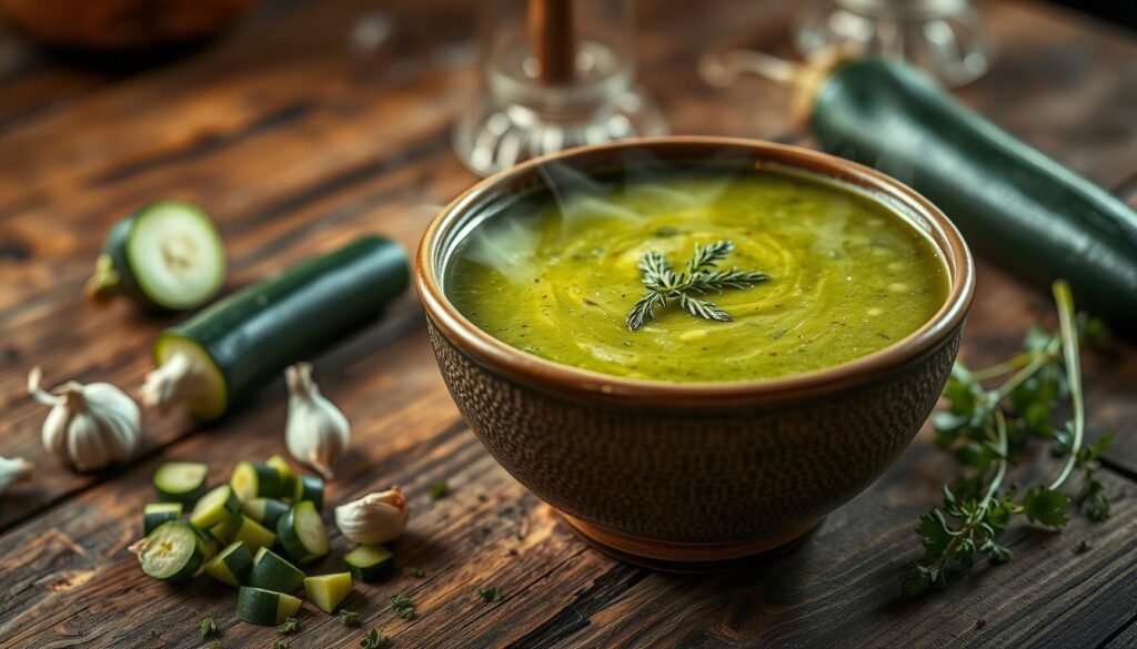 A steaming bowl of zucchini soup, with a vibrant green hue and a thick, creamy texture, sits atop a rustic wooden table. Freshly chopped zucchini, garlic, and herbs are scattered around the bowl, hinting at the flavorful ingredients within. Warm, diffused lighting casts a cozy glow, creating a comforting and inviting atmosphere. The scene is captured in a high-resolution, close-up photograph, showcasing the soup's hearty and nourishing appearance, perfect for a satisfying keto-friendly meal.