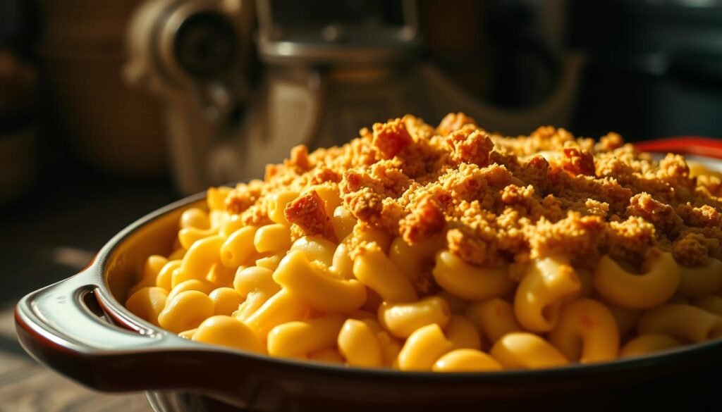 A steaming, golden-crusted dish of macaroni noodles nestled in a luscious, velvety cheese sauce, topped with a crisp, buttery breadcrumb topping. The kitchen is bathed in the warm, inviting glow of soft, natural lighting, casting gentle shadows across the scene. The camera angle is slightly elevated, showcasing the comforting, homemade appeal of this classic, kid-friendly Thanksgiving side dish. The atmosphere is cozy and nostalgic, evoking memories of family gatherings and holiday feasts.