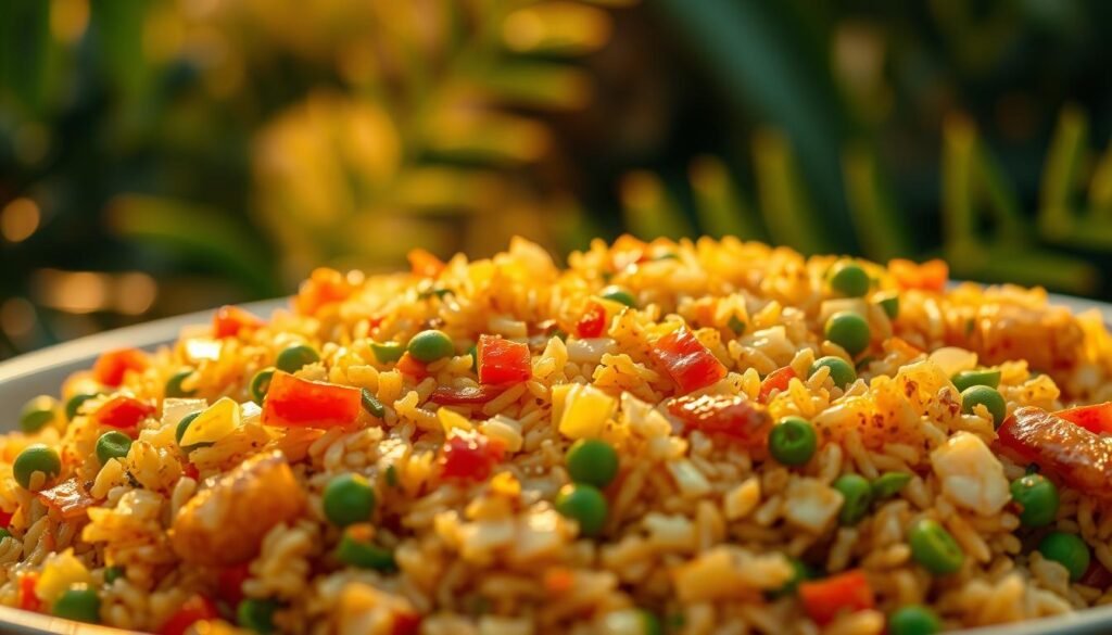 A steaming plate of fragrant Caribbean fried rice takes center stage, the grains glistening with flecks of colorful vegetables and aromatic spices. In the foreground, juicy slivers of chicken or shrimp add a protein-packed punch, while diced bell peppers, onions, and peas provide a vibrant medley of textures and flavors. The middle ground features a backdrop of tropical greens, hinting at the lush island setting. Warm lighting casts a golden glow, creating an inviting and mouthwatering scene that beckons the viewer to dive in and savor the flavors of the Caribbean. Captured with a shallow depth of field, the image showcases the dish's complexity and the care taken in its preparation, perfect for illustrating a "Caribbean Fried Rice Creations" recipe feature.