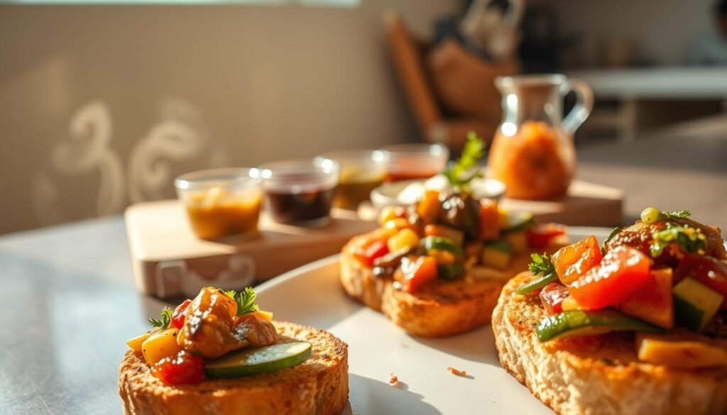 A steaming plate of freshly toasted vegetarian delights, bathed in warm sunlight and set against a softly blurred kitchen backdrop. In the foreground, crisp golden-brown toasted bread slices are layered with vibrant chutneys, sautéed vegetables, and aromatic spices. The middle ground features a selection of condiments, including chutneys, pickles, and curd, arranged neatly on a wooden tray. The background hints at a cozy, modern kitchen with muted tones and clean lines, creating a sense of simple, inviting comfort. The overall mood is one of casual elegance, where the flavors and textures of a quick, wholesome Indian breakfast come together in a visually appealing and appetizing composition.