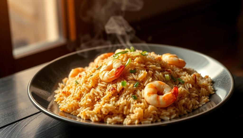 A steaming plate of shrimp fried rice, glistening with flecks of soy sauce and sesame oil, sits on a dark wooden table. The rice is perfectly cooked, each grain distinct yet bound together in a harmonious blend. Plump, succulent shrimp are scattered throughout, their vibrant pink hues contrasting with the earthy tones of the rice and the occasional pop of green from scallions. The scene is bathed in warm, diffused lighting, casting a inviting glow and evoking the flavors of the Caribbean. The composition captures the essence of this comforting, flavorful dish, ready to be enjoyed as part of a delightful island-inspired meal.