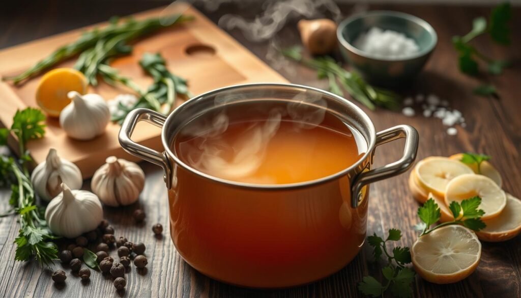 A steaming pot of bone broth sits at the center, its amber liquid glistening under a warm spotlight. Surrounding it, an assortment of fresh herbs, garlic, and peppercorns are neatly arranged, hinting at the depth of flavor within. In the background, a wooden cutting board is adorned with sliced ginger and a sprinkle of sea salt, complementing the keto-friendly ingredients. The scene is bathed in a cozy, earthy atmosphere, inviting the viewer to savor the nourishing, low-carb broths and stocks that are the foundation of satisfying keto soups.