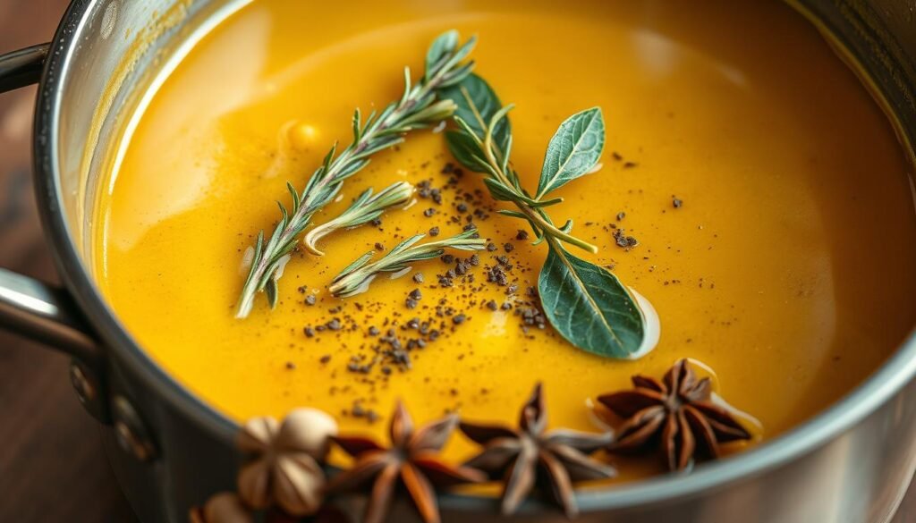 A steaming pot of golden-hued mushroom soup, its surface glistening with a drizzle of olive oil and a sprinkling of freshly ground black pepper. Fragrant sprigs of thyme, rosemary, and bay leaves emerge from the broth, their verdant hues adding depth and complexity to the earthy, umami-rich flavors. In the foreground, a selection of whole spices - coriander seeds, cardamom pods, and star anise - await their turn to be crushed and added, unleashing their aromatic essential oils. The overall scene is illuminated by warm, natural lighting, creating a cozy, inviting atmosphere that beckons the viewer to indulge in this comforting, yet elevated, mushroom soup.
