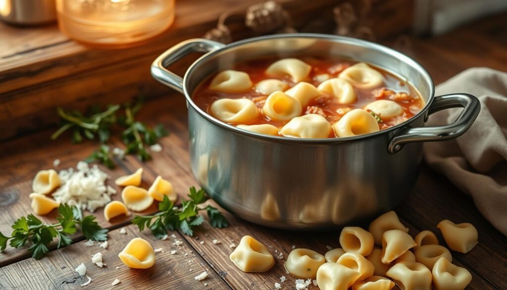 A steaming pot of homemade tortellini soup simmers on a rustic wooden table, surrounded by a scatter of fresh herbs, crumbled parmesan, and a handful of leftover tortellini. Soft, pillowy pasta floats in a rich, aromatic broth, accented by the earthy notes of sautéed onions and garlic. Warm, golden lighting casts a cozy glow, hinting at the comforting, nourishing meal to come. The scene evokes a sense of effortless, homemade goodness - a simple yet delightful way to breathe new life into those leftover tortellini.