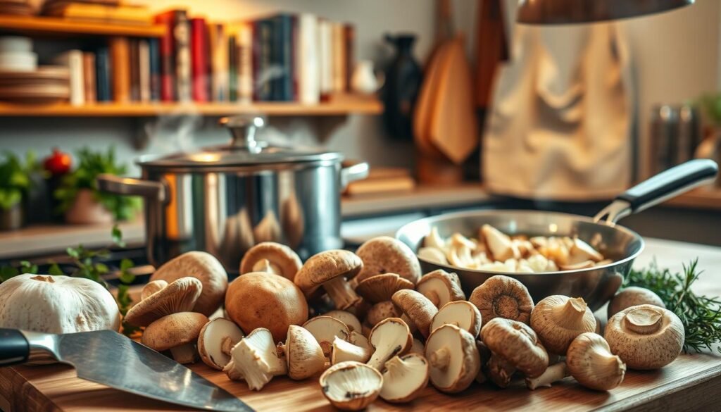 A steaming pot of mushroom soup simmers on the stovetop, surrounded by an assortment of fresh, earthy mushrooms, aromatic herbs, and a wooden cutting board. The kitchen is bathed in soft, warm lighting, creating a cozy and inviting atmosphere. In the foreground, a chef's knife gently slices through a collection of different mushroom varieties, showcasing their unique textures and hues. The middle ground features a sauté pan filled with sautéed onions and garlic, their fragrance wafting through the air. In the background, a bookshelf filled with culinary tomes and a stylized apron hang, hinting at the culinary expertise at work. This scene captures the essence of the best cooking techniques for creating a truly delectable mushroom soup.