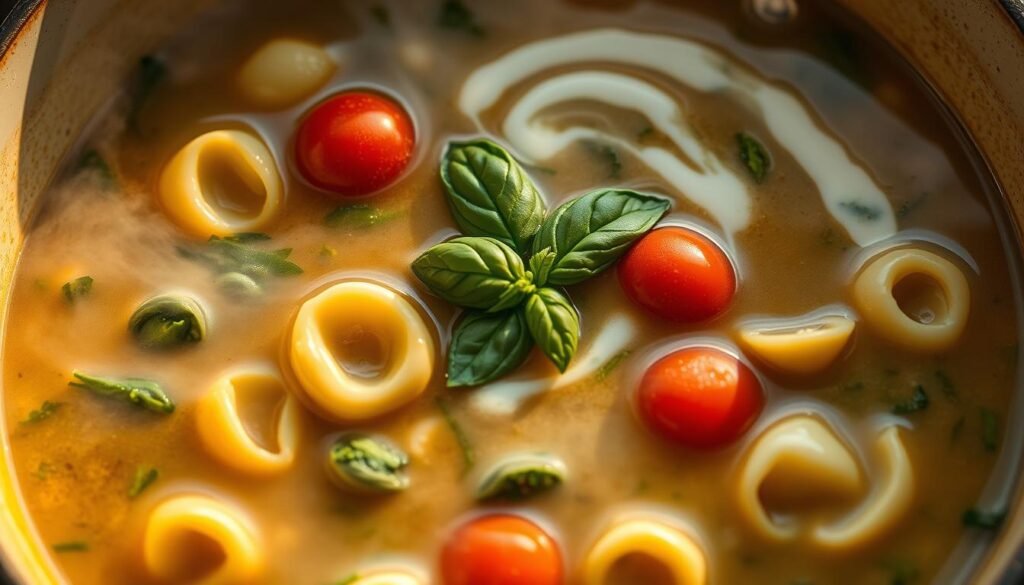 A steaming pot of spinach and cheese tortellini soup, the broth a rich, savory hue. Tender tortellini pasta floats in the center, their green spinach filling peeking through. Halved cherry tomatoes dot the surface, adding pops of juicy color. Fresh basil leaves flutter gently atop the soup, their fragrance wafting through the steam. A swirl of cream or pesto adds a creamy, luxurious touch. The scene is illuminated by warm, golden lighting, casting a cozy, inviting atmosphere. Shot from a high angle, the soup appears hearty and comforting, ready to be served on a chilly evening.