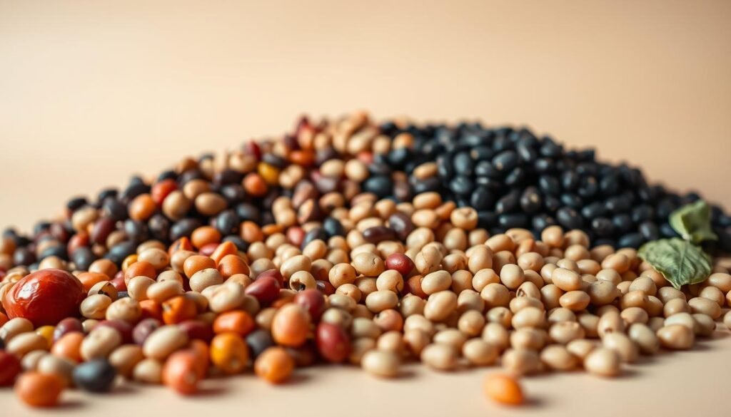 A still life arrangement of various nutritious beans against a soft, neutral background. Vibrant colors and natural textures take center stage, with beans in the foreground including kidney, pinto, black, and garbanzo varieties. The middle ground features a scattering of dried beans, with a subtle play of light and shadow. The background is a simple, muted color palette that allows the beans to shine. Captured with a macro lens at a low angle, creating a sense of depth and emphasizing the individual qualities of each bean type. The overall mood is one of simplicity, highlighting the inherent nutritional value and diversity of these humble legumes.