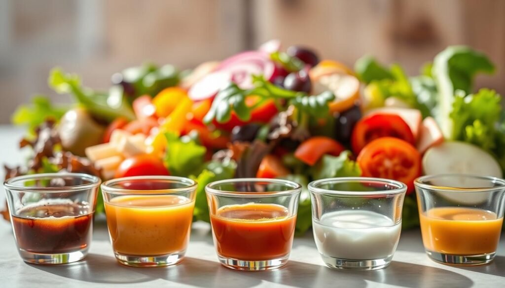 A still life arrangement showcasing a variety of salad dressing pairings. In the foreground, several small glass bowls filled with different types of salad dressings, such as balsamic vinaigrette, ranch, and honey mustard. Behind the dressings, an assortment of fresh greens, vegetables, and other salad ingredients arranged in a visually appealing manner. The lighting is natural and warm, casting a soft glow over the scene. The background is blurred, creating a focus on the dressings and salad components. The overall composition conveys a sense of freshness, variety, and the harmony of flavors that can be achieved when pairing the right dressing with the right salad.