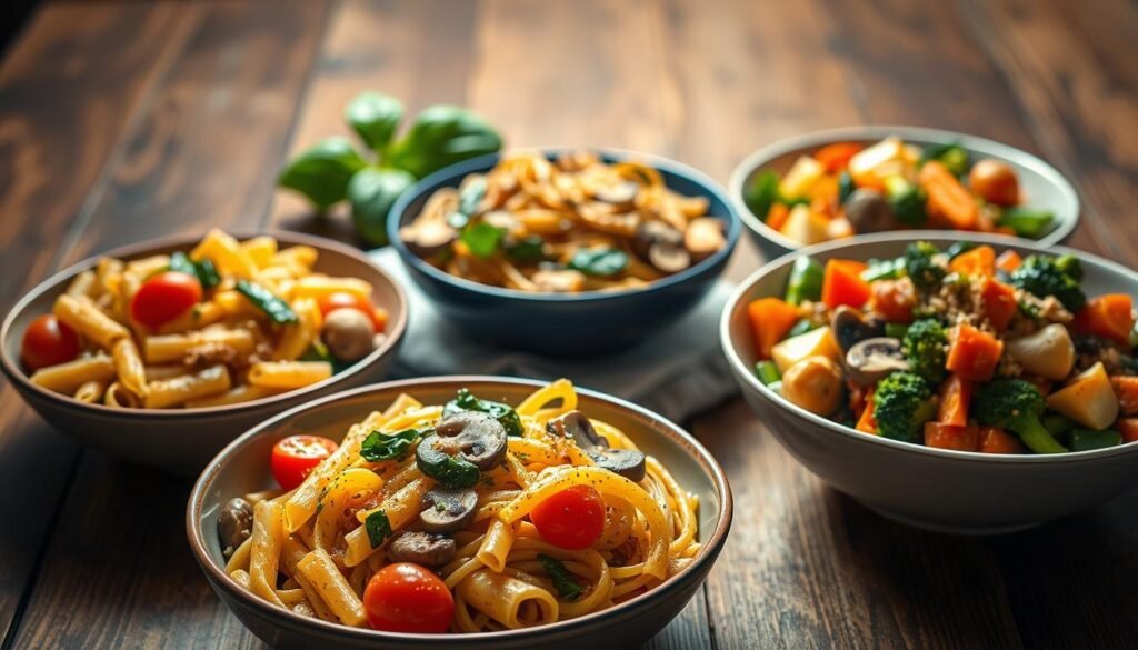 A still life of three vibrant vegetarian pasta dishes, arranged on a rustic wooden table. In the foreground, a bowl of creamy, garlic-infused penne pasta with roasted bell peppers, zucchini, and cherry tomatoes. In the middle, a hearty bowl of whole wheat spaghetti tossed with sautéed mushrooms, spinach, and a zesty, dairy-free pesto. In the background, a bowl of colorful, veggie-packed primavera, with a medley of seasonal vegetables like broccoli, carrots, and snap peas in a light, lemon-herb sauce. Warm, soft lighting casts a cozy glow, highlighting the fresh, healthy ingredients and inviting the viewer to dig in.