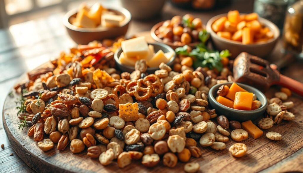 A still life scene of a wooden board overflowing with an assortment of savory snack mix ingredients. In the foreground, an array of roasted nuts, crispy crackers, and flavorful dried herbs and spices. The middle ground features bowls of seasoned pretzels, spicy roasted chickpeas, and crunchy toasted seeds. In the background, glimpses of other snack components like cheddar cheese cubes, cured meats, and pickled vegetables. Warm, natural lighting casts a golden glow over the scene, highlighting the varied textures and rich hues of the snack mix elements. The overall mood is inviting and appetizing, evoking the desire to reach in and sample the flavorful, homemade medley.