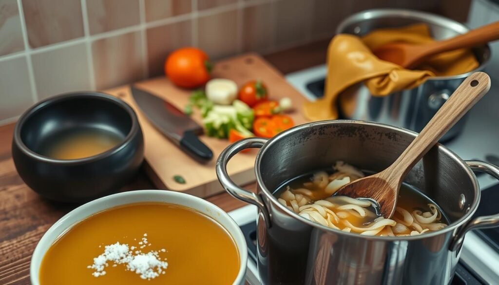A still life scene of common soup making mistakes, captured with a warm, muted color palette and soft lighting. In the foreground, an oversalted bowl of broth, a pot with burnt onions, and a wooden spoon stirring too vigorously. In the middle ground, a cutting board with roughly chopped vegetables and a knife left unattended. In the background, a simmering pot overflowing onto the stovetop. The scene conveys a sense of culinary mishaps, but with a touch of charm and humor, inviting the viewer to learn from these relatable mistakes.