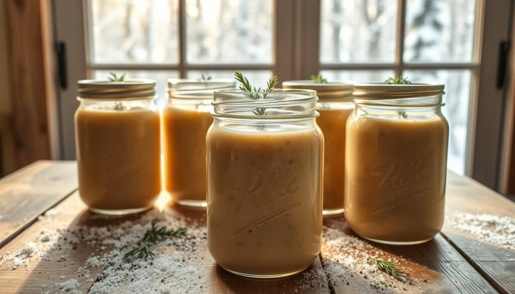 A still life scene of frozen turkey soup in clear glass jars, illuminated by soft, diffused lighting from a large window. The jars are arranged on a rustic wooden table, with a backdrop of snowy winter forest scene visible through the window. The soup has a thick, creamy texture and is garnished with fresh herbs and a sprinkle of cracked black pepper. The overall mood is cozy, inviting, and showcases the process of preserving homemade turkey soup for future enjoyment.