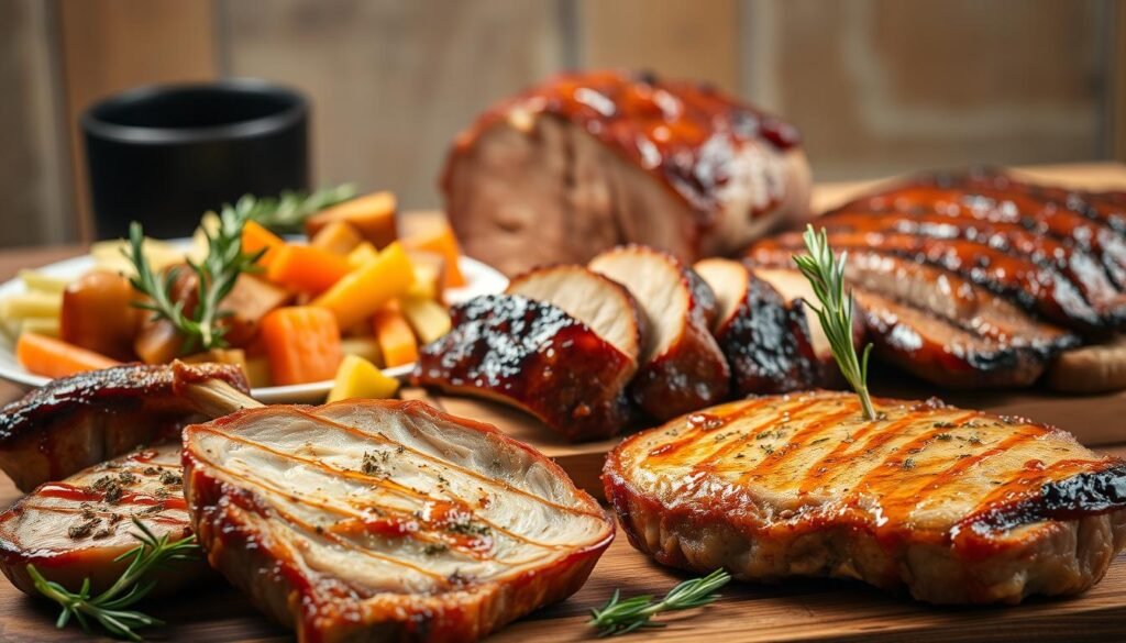 A stylish and appetizing array of family-friendly pork dishes, set against a warm, inviting backdrop. In the foreground, juicy pork chops with a golden-brown crust, complemented by aromatic rosemary and garlic. In the middle ground, a hearty pork tenderloin, roasted to perfection and sliced, accompanied by roasted vegetables and a rich, savory sauce. In the background, a platter of tender, slow-cooked pork ribs, glazed with a sweet and tangy barbecue sauce. Soft, natural lighting illuminates the scene, creating a cozy and mouthwatering atmosphere. The composition is well-balanced, drawing the viewer's eye to the delectable pork dishes that are sure to delight the senses and satisfy the appetite.