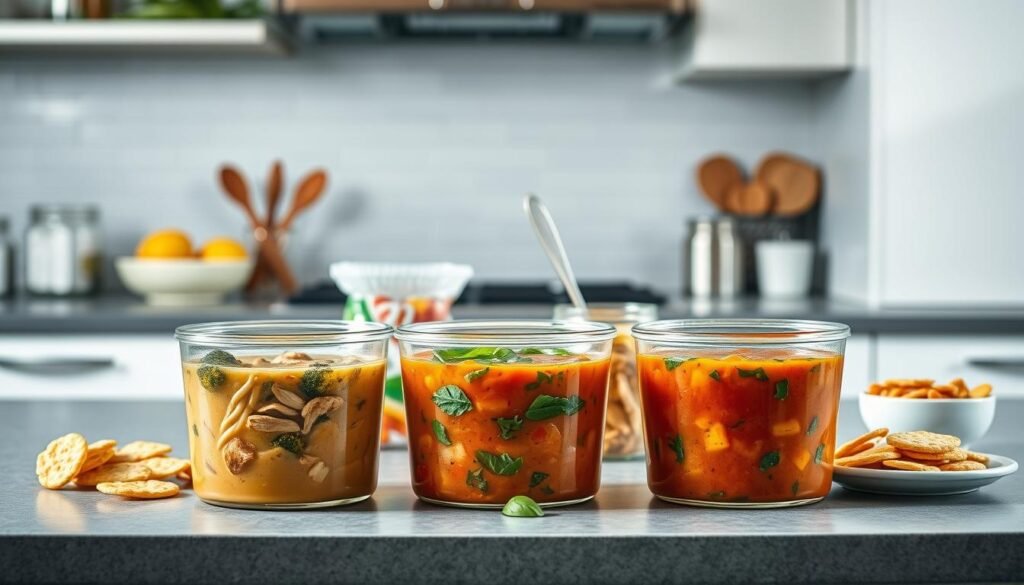 A stylish, well-lit kitchen countertop filled with an assortment of meal-prepped keto soups. In the foreground, three glass containers brimming with savory, low-carb soups – perhaps a creamy broccoli, a hearty chicken noodle, and a vibrant tomato basil. In the middle ground, an array of keto-friendly garnishes and accompaniments, such as fresh herbs, lemon wedges, and crispy keto crackers. The background features a clean, minimalist aesthetic, with a sleek tile backsplash and modern stainless-steel appliances, creating a sense of culinary organization and efficiency. The lighting is soft and natural, highlighting the rich colors and textures of the keto soups and accessories. An atmosphere of healthy, low-carb meal prepping for the busy week ahead.
