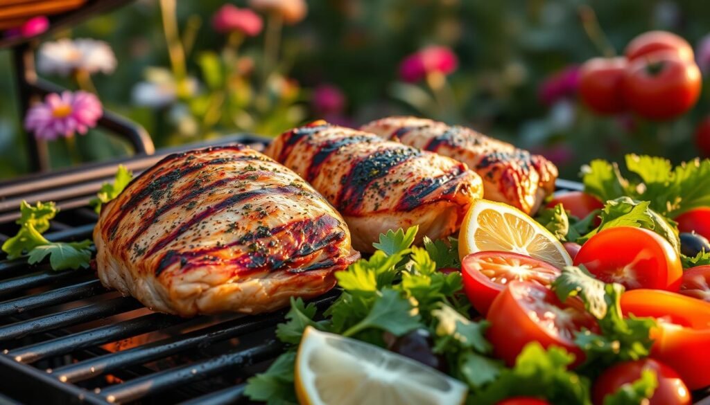 A succulent grilled chicken dinner set against a backdrop of a lush summer garden. The chicken, seasoned with a blend of herbs and spices, sizzles on a grill, its golden-brown skin glistening in the warm evening light. Surrounding the main dish are an array of fresh, vibrant vegetables - crisp salad greens, juicy tomatoes, and colorful bell peppers. The scene is completed with a scattering of lemon wedges, adding a refreshing citrus note to the overall composition. The overall mood is one of al fresco dining, with a sense of relaxation and enjoyment of the simple pleasures of a well-prepared, summer-inspired meal.