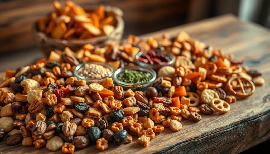 A sumptuous array of gourmet snack mix ingredients artfully arranged on a rustic wood surface, bathed in warm, golden lighting. In the foreground, an assortment of roasted nuts, dried fruits, savory crackers, and crunchy pretzels create a visually enticing and texturally diverse composition. The middle ground features small bowls of flavorful seasonings, herbs, and spices, suggesting the careful crafting of a delectable snack mix. The background subtly hints at a cozy, welcoming atmosphere, with a soft, out-of-focus backdrop that emphasizes the focus on the snack mix itself. The image conveys a sense of elevated, yet approachable, indulgence, perfect for entertaining guests with an exceptional snack experience.