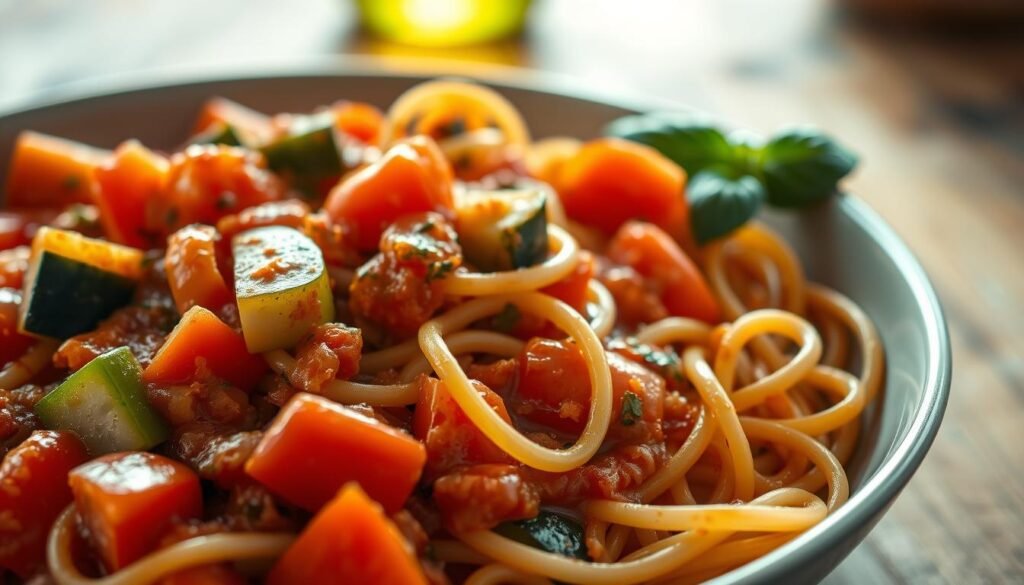 A sumptuous bowl of classic vegetable marinara pasta, illuminated by warm, golden-hued lighting. In the foreground, vibrant tomatoes, zucchini, bell peppers, and onions are simmered to perfection in a rich, savory sauce. The middle ground features al dente, freshly cooked spaghetti noodles, twirled and nestled into the sauce. In the background, a rustic wooden table sets the scene, with a sprig of fresh basil adding a touch of verdant elegance. The overall composition evokes a sense of homemade comfort and Mediterranean-inspired flavors, perfect for a satisfying vegetarian pasta dish.