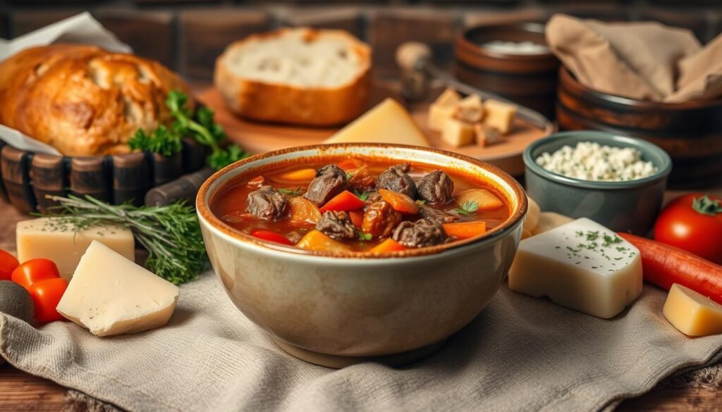 A sumptuous bowl of hearty beef soup takes center stage, surrounded by a variety of complementary garnishes and accompaniments. In the foreground, tender beef chunks, vibrant vegetables, and a rich, savory broth create a mouthwatering scene. In the middle ground, freshly baked crusty bread, a selection of cheeses, and a sprinkle of herbs add texture and depth. The background features a cozy, rustic setting, with warm lighting casting a inviting glow over the scene. The overall atmosphere evokes a sense of comfort and satisfaction, perfect for pairing with the nourishing and satisfying beef soup.