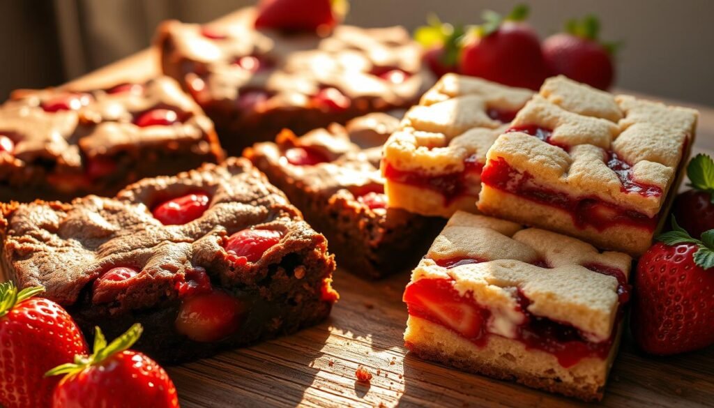 A sumptuous close-up of decadent strawberry brownies, their rich chocolate crumb dotted with juicy, glistening berries. The brownies are freshly baked, their edges crisp and the centers oozing with melted chocolate. Soft, pillowy strawberry bars sit alongside, their ruby-red fruit layered between buttery shortbread. Warm afternoon sunlight streams in, casting a golden glow and creating deep shadows that accentuate the luscious textures. The brownies and bars are displayed on a rustic wooden surface, complemented by a scattering of fresh strawberries and sprigs of mint. An indulgent, mouthwatering scene that captures the essence of summer's sweetness.