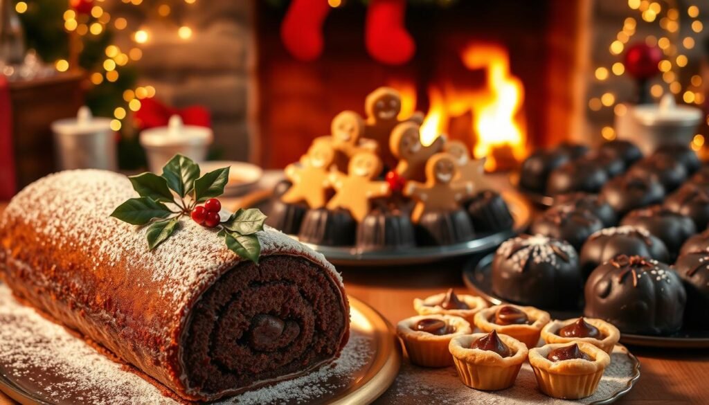 A sumptuous display of decadent Christmas desserts, set against a warm, cozy ambiance. In the foreground, a rich, glistening yule log cake adorned with holly and dusted with powdered sugar. Beside it, a tray of delicate, bite-sized mince pies with flaky pastry crusts. In the middle ground, a centerpiece of gingerbread men and women, their intricate designs painted with royal icing. Beyond, a spread of traditional Christmas puddings, their dark, dense interiors tempting the senses. Soft, golden lighting casts a festive glow, while a crackling fireplace and twinkling fairy lights create a cozy, inviting atmosphere, perfect for concluding your Christmas feast. A sumptuous display of decadent Christmas desserts, set against a warm, cozy ambiance. In the foreground, a rich, glistening yule log cake adorned with holly and dusted with powdered sugar. Beside it, a tray of delicate, bite-sized mince pies with flaky pastry crusts. In the middle ground, a centerpiece of gingerbread men and women, their intricate designs painted with royal icing. Beyond, a spread of traditional Christmas puddings, their dark, dense interiors tempting the senses. Soft, golden lighting casts a festive glow, while a crackling fireplace and twinkling fairy lights create a cozy, inviting atmosphere, perfect for concluding your Christmas feast.