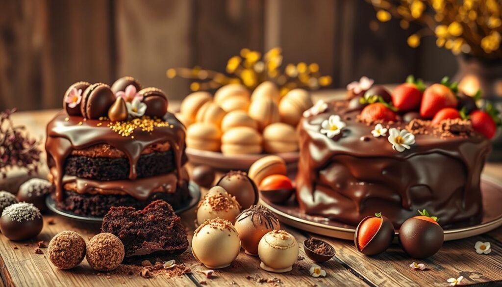 A sumptuous display of decadent chocolate Easter desserts, artfully arranged on a rustic wooden table. In the foreground, a rich, glossy chocolate cake adorned with shimmering gold leaf, its layers oozing with silky ganache. Surrounding it, an assortment of creamy chocolate truffles, their surfaces dusted with cocoa powder and adorned with delicate edible flowers. In the middle ground, a platter of delicate chocolate macarons in pastel hues, their shells perfectly smooth and their fillings a luscious surprise. In the background, a scattering of chocolate-dipped strawberries, their ruby red hues contrasting beautifully with the deep brown of the chocolate. Warm, golden lighting casts a cozy, inviting glow, heightening the indulgent atmosphere. The overall scene evokes a sense of springtime decadence and the joyful celebration of Easter.
