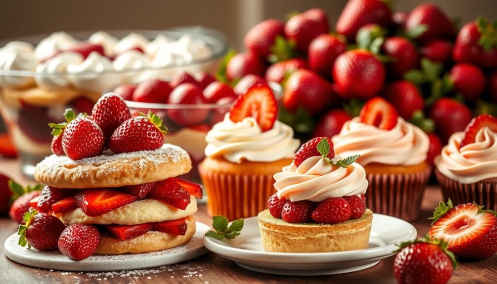 A sumptuous display of festive strawberry delights, captured in a warm, inviting composition. In the foreground, a meticulously crafted strawberry shortcake, its spongy layers adorned with luscious berries and a dusting of powdered sugar. Beside it, a decadent strawberry trifle, its layers of custard, whipped cream, and juicy strawberries create a visually striking contrast. In the middle ground, a trio of elegant strawberry cupcakes, their ruby-red tops crowned with swirls of cream cheese frosting and fresh strawberry slices. In the background, a bountiful arrangement of fresh strawberries, their vibrant hues illuminated by soft, natural lighting that casts a gentle glow over the scene. The overall atmosphere conveys a sense of celebration and the essence of summer's sweetness.