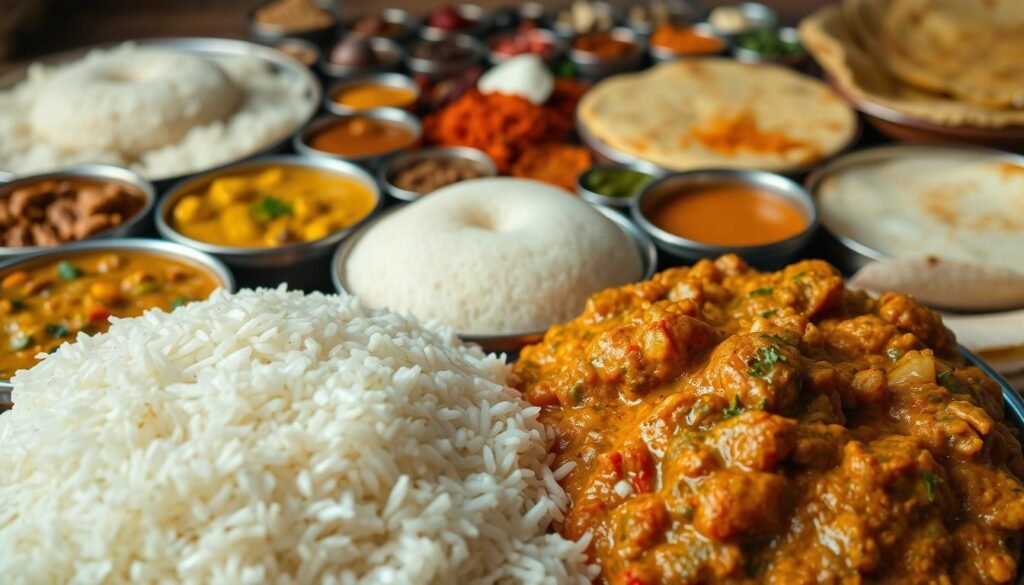 A sumptuous feast of authentic Indian rice dishes. In the foreground, fragrant basmati rice paired with rich, creamy vegetable curries - perhaps a vibrant yellow dal or a luscious paneer tikka masala. In the middle ground, steamed rice cakes (idli) and fluffy, pillowy dosas, accompanied by an array of chutneys and sambars. In the background, a spread of traditional Indian spices, whole and ground, creating a warm, aromatic ambiance. Soft, diffused lighting illuminates the dishes, highlighting their vibrant colors and inviting textures. Captured at a slight angle, the image conveys a sense of rustic elegance, capturing the essence of India's beloved rice-based delicacies.