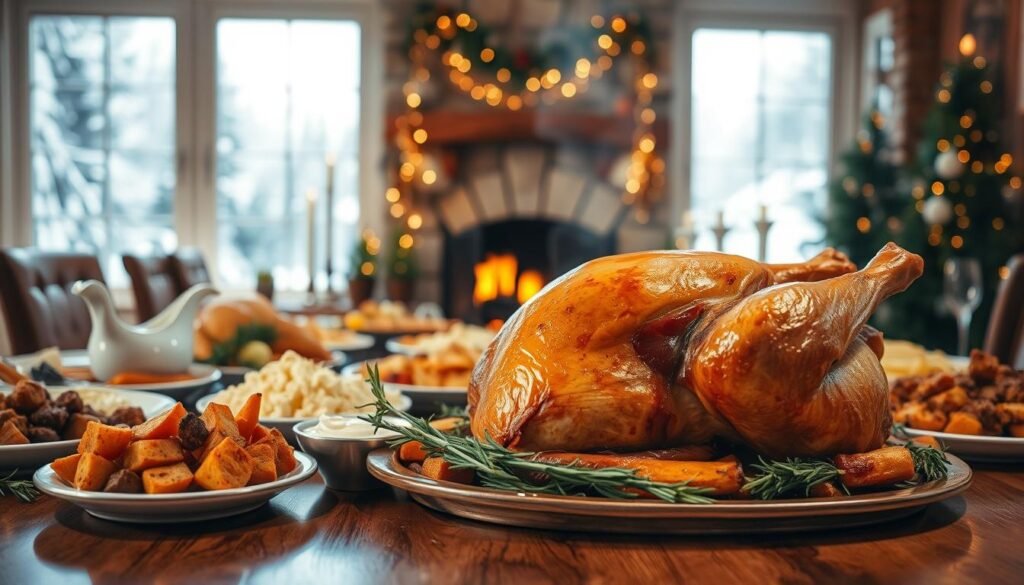 A sumptuous holiday feast set against a warm, cozy backdrop. In the foreground, a golden-brown roasted turkey, its crisp skin glistening, rests on a polished wooden table, surrounded by an array of savory sides - roasted root vegetables, creamy mashed potatoes, and fragrant stuffing. The middle ground is filled with festive accents, like sprigs of fresh rosemary, twinkling fairy lights, and a steaming gravy boat. The background is softly lit, with a stone fireplace casting a gentle glow, and snowy winter landscapes visible through large windows. The overall atmosphere is one of comfort, tradition, and cherished memories. A sumptuous holiday feast set against a warm, cozy backdrop. In the foreground, a golden-brown roasted turkey, its crisp skin glistening, rests on a polished wooden table, surrounded by an array of savory sides - roasted root vegetables, creamy mashed potatoes, and fragrant stuffing. The middle ground is filled with festive accents, like sprigs of fresh rosemary, twinkling fairy lights, and a steaming gravy boat. The background is softly lit, with a stone fireplace casting a gentle glow, and snowy winter landscapes visible through large windows. The overall atmosphere is one of comfort, tradition, and cherished memories.