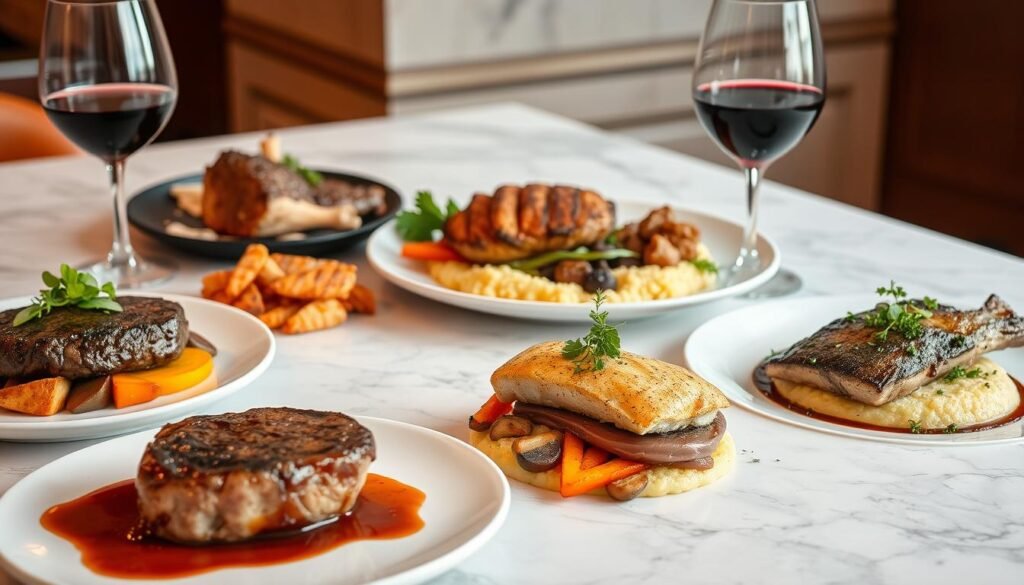 A sumptuous spread of expertly crafted fine dining main courses, artfully arranged on a polished marble countertop. In the foreground, a seared filet mignon sits atop a bed of roasted root vegetables, drizzled with a rich demi-glace. Beside it, a pan-seared sea bass fillet rests on a puree of creamy Yukon gold potatoes, garnished with a delicate herb salad. In the middle ground, a roasted duck breast glistens, accompanied by a truffled wild mushroom risotto and a glass of fine red wine. The background is softly lit, creating a warm, inviting atmosphere, showcasing the culinary prowess and attention to detail that define the essence of fine dining main courses.