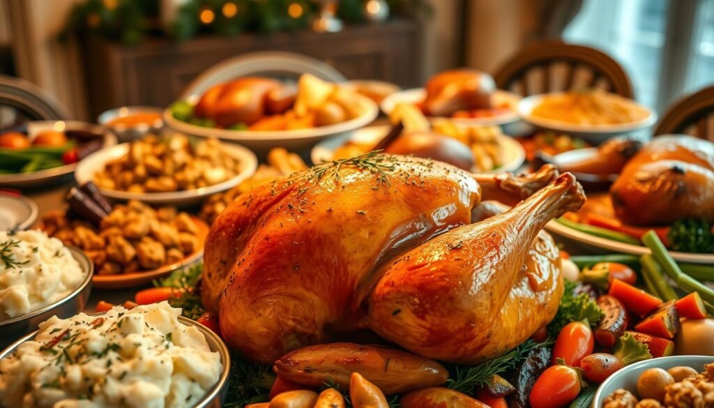 A sumptuous spread of roasted poultry dishes, the centerpiece of an elegant Easter feast. In the foreground, a golden-brown turkey or chicken, its glistening skin adorned with fragrant herbs and spices. Surrounding it, a medley of side dishes - fluffy herb-infused stuffing, creamy mashed potatoes, and vibrant roasted vegetables. The middle ground reveals an array of complementary dishes, such as a savory chicken pot pie or a juicy roasted duck, each plated with care. The background hints at a cozy, inviting dining room, bathed in warm, golden lighting that enhances the richness of the scene. This image captures the essence of a poultry-centric Easter main course, inviting the viewer to imagine the flavors and aromas of an extraordinary holiday feast. A sumptuous spread of roasted poultry dishes, the centerpiece of an elegant Easter feast. In the foreground, a golden-brown turkey or chicken, its glistening skin adorned with fragrant herbs and spices. Surrounding it, a medley of side dishes - fluffy herb-infused stuffing, creamy mashed potatoes, and vibrant roasted vegetables. The middle ground reveals an array of complementary dishes, such as a savory chicken pot pie or a juicy roasted duck, each plated with care. The background hints at a cozy, inviting dining room, bathed in warm, golden lighting that enhances the richness of the scene. This image captures the essence of a poultry-centric Easter main course, inviting the viewer to imagine the flavors and aromas of an extraordinary holiday feast.