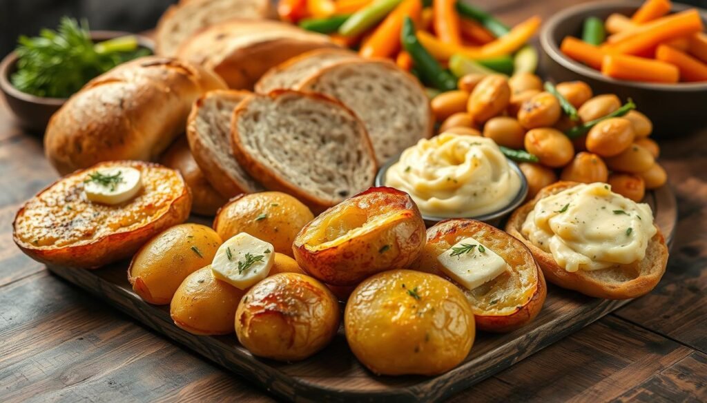 A sumptuous spread of traditional starch accompaniments, beautifully arranged on a rustic wooden table. In the foreground, golden roasted potatoes with crisp exteriors and fluffy interiors, drizzled with fragrant herb butter. Surrounding them, a selection of hearty mashed potatoes, creamy and smooth, with hints of garlic and chives. In the middle, crusty slices of freshly baked bread, their shattering crusts revealing soft, pillowy interiors. In the background, a scattering of vibrant steamed vegetables, their colors and textures complementing the starchy delights. Soft, warm lighting casts a cozy, inviting glow over the scene, highlighting the comforting, homemade appeal of this perfect potato-centric spread.