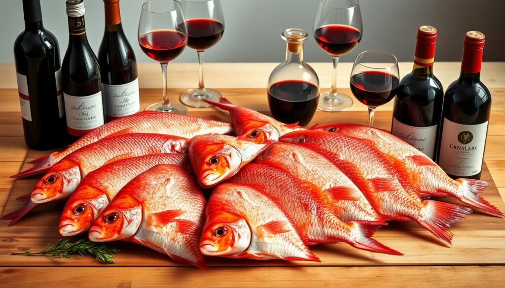 A sumptuous still life showcasing a vibrant array of red snapper fillets and a selection of complementary wines. The fish are artfully arranged on a wooden table, their glistening scales catching the warm, golden light. Alongside, a selection of full-bodied red wines, their rich hues reflecting the depth of flavor. Carefully curated wine glasses and decanters add a touch of elegance, while the neutral background allows the vibrant colors and textures to take center stage. This harmonious pairing evokes the flavors of the Caribbean, inviting the viewer to savor the perfect union of fresh seafood and the perfect accompanying vino.