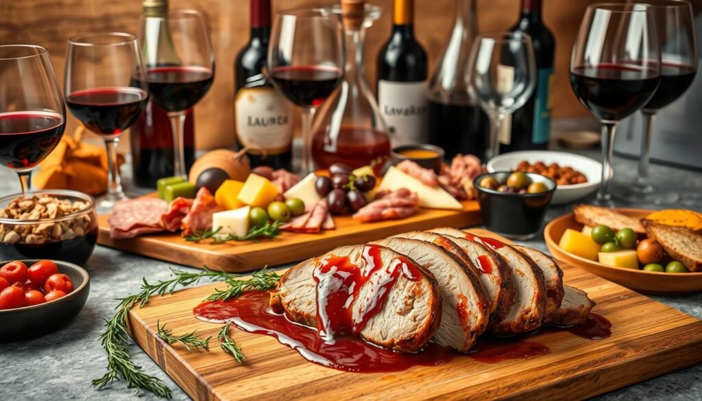A sumptuous table setting, featuring an array of pork dishes and accompanying wine and drink pairings. In the foreground, a luscious pork loin roast, drizzled with a rich, savory sauce, sits atop a wooden cutting board, surrounded by fragrant herbs and spices. Nearby, a selection of elegant wine glasses and decanters filled with various red and white wines, each complementing the flavors of the pork. In the middle ground, a charcuterie board showcases an artful display of cured meats, cheeses, and olives, inviting the viewer to savor the perfect wine and food combinations. The background is softly lit, creating a warm, inviting atmosphere, with hints of wood and stone surfaces adding depth and texture to the scene.